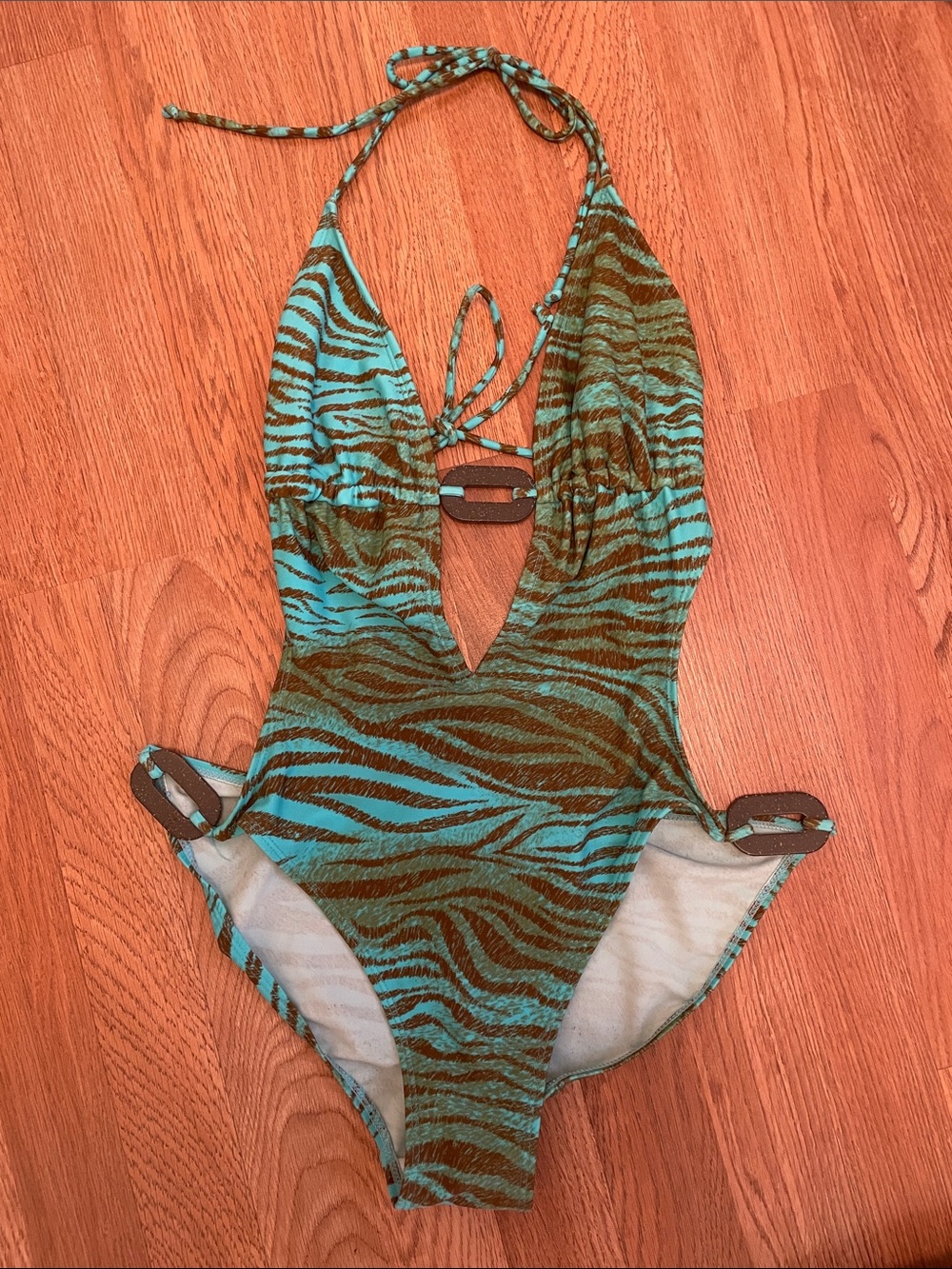 Y2K Teal Zebra-Print One-Piece Swimsuit
